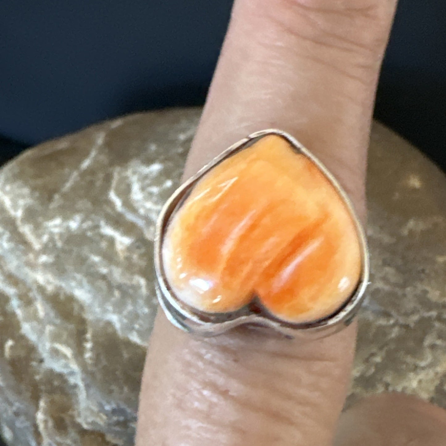 Orange Heart Ring Handmade Navajo Spiny Oyster Sterling Silver Sz 8 19326