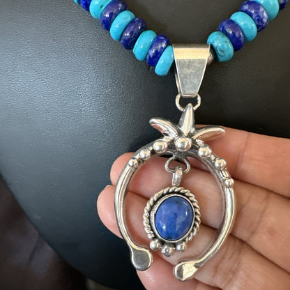 Blue Denim Lapis Turquoise Naja Pendant Navajo Sterling Silver Necklace 21"17688