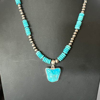 Blue Kingman Turquoise 2 Sided Pendant Navajo Sterling Native Necklace 20" 19517