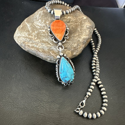 Multicolor Turquoise Spiny Navajo Sterling Silver Cluster Pendant Necklace 19558