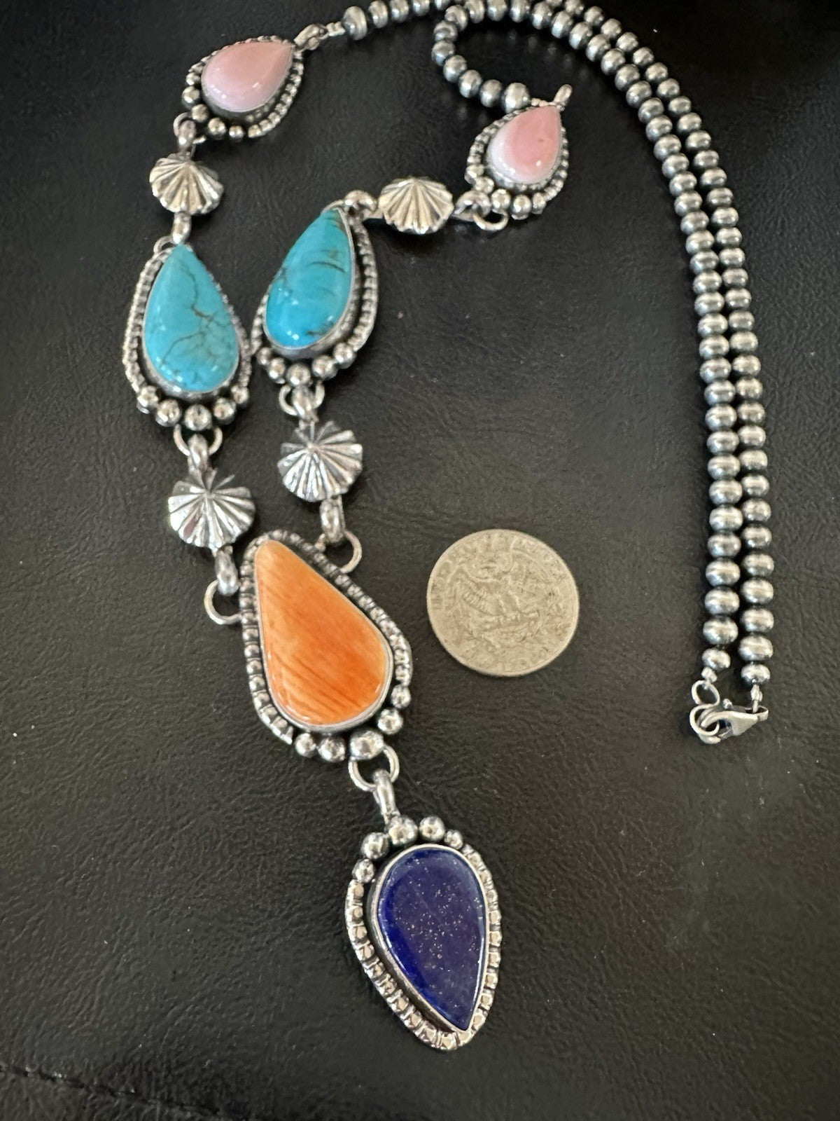 Multicolor Spiny Lapis Pendant Navajo Sterling Silver Lariat Necklace 28" 19439