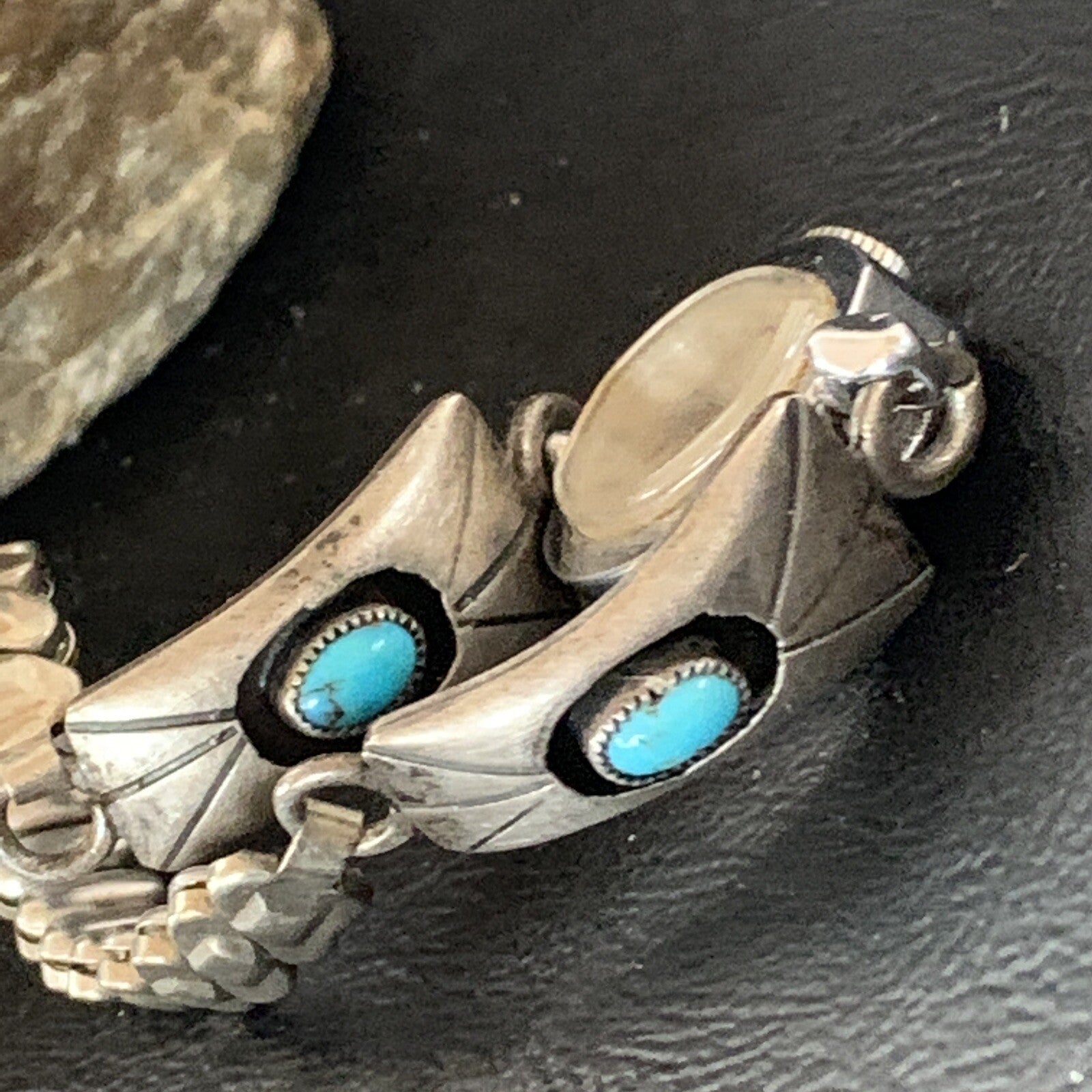 Turquoise Navajo Sterling Silver Old Pawn Shadowbox Watch Tips 01449