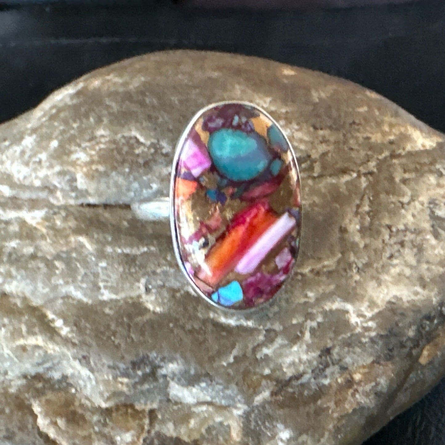 Blue Turquoise Spiny Oyster Southwestern Sterling Silver Ring Size 9 18539