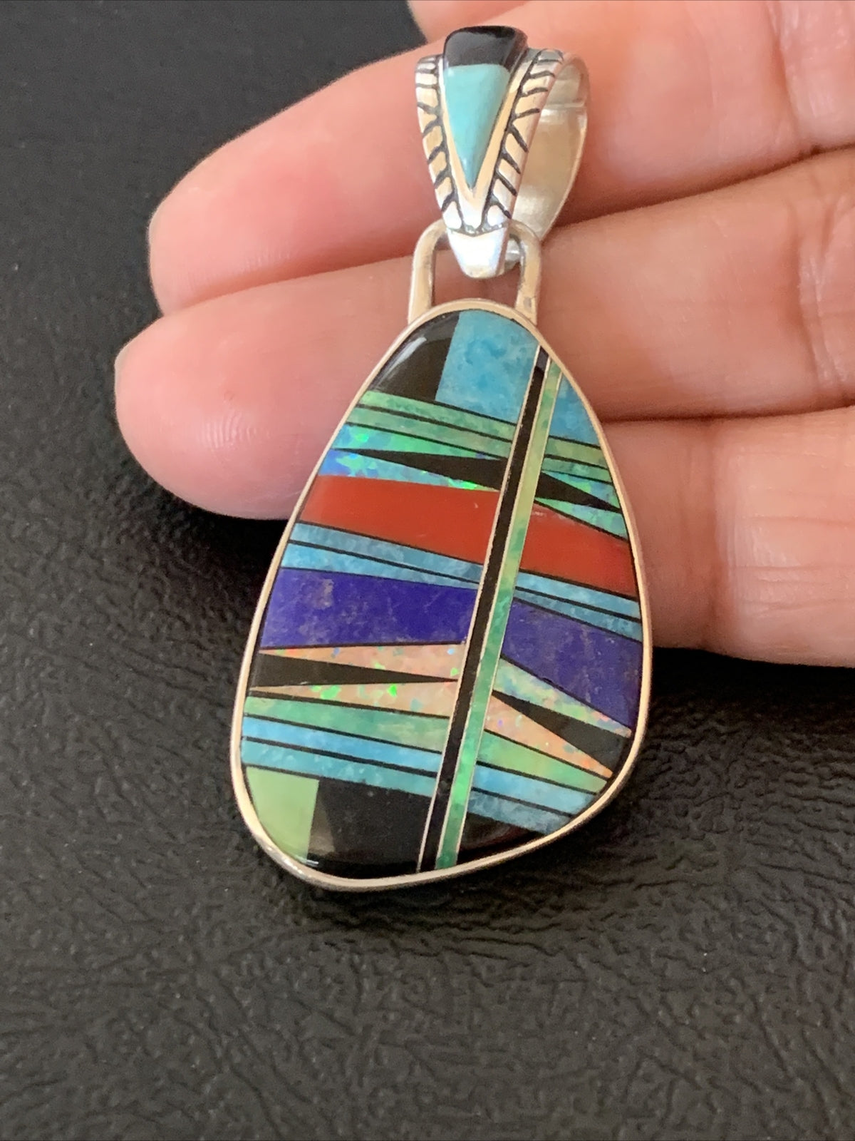 Womens Blue Turquoise Coral & Opal Navajo Sterling Silver Inlay Pendant 12493