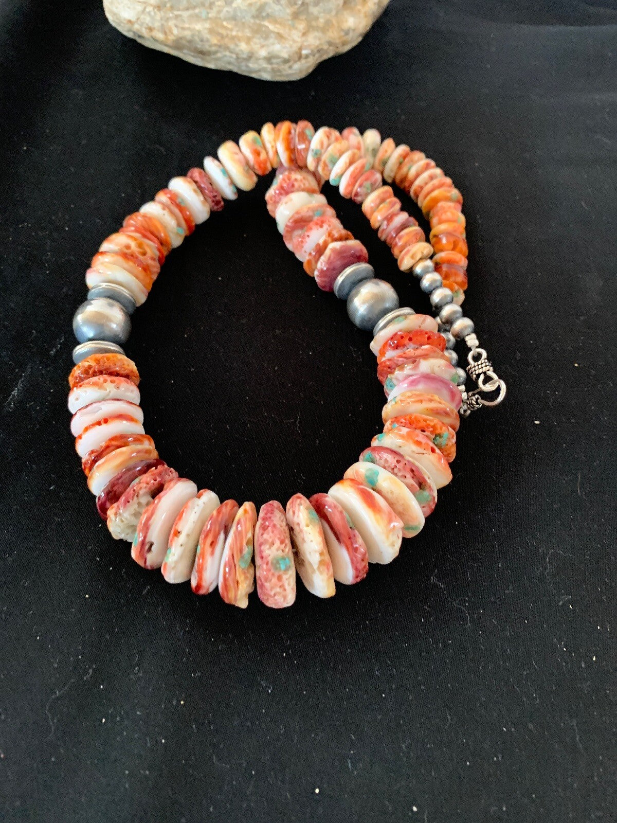 Native Red Spiny Oyster Navajo Pearls Sterling Silver Necklace 20" 03242