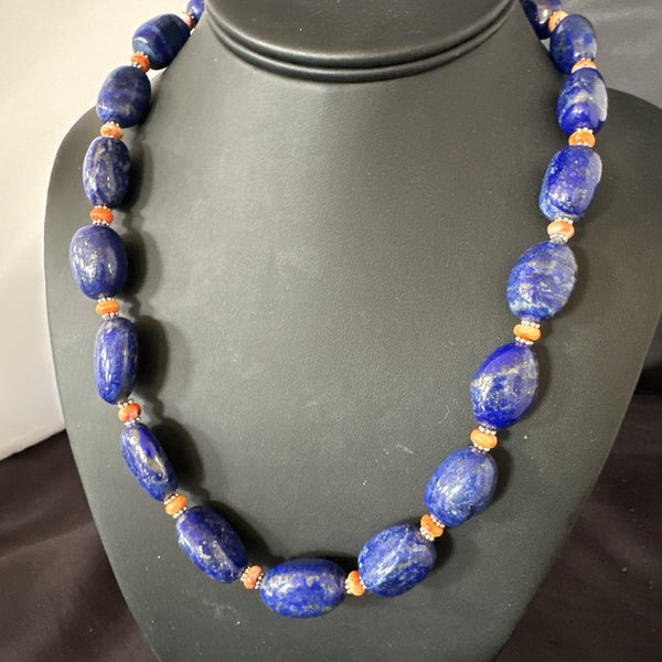 Blue Lapis Orange Spiny Chunky Southwestern Necklace 20" | Sterling Silver | Authentic Native American Handmade | 19258