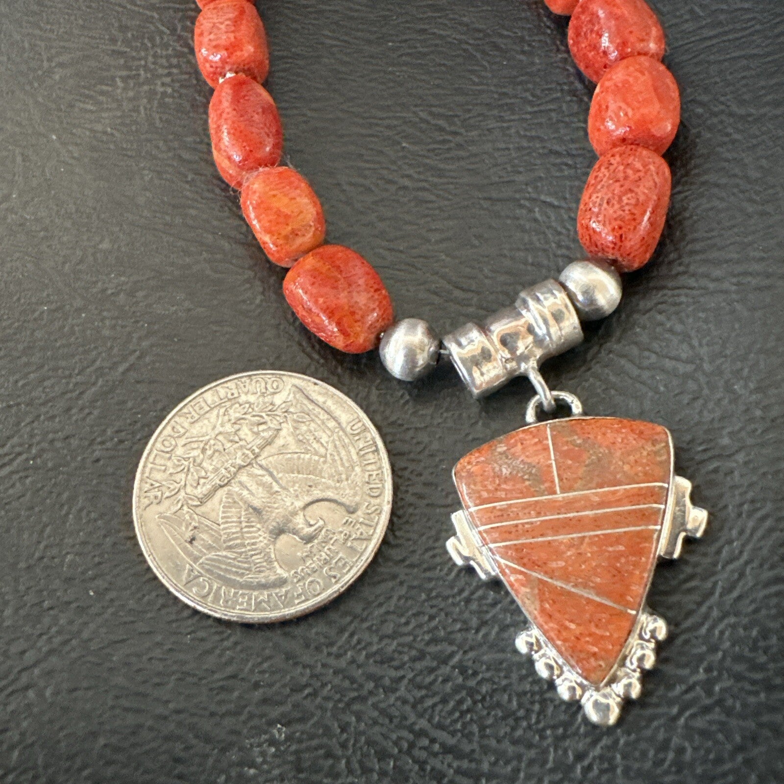 Navajo Apple Sponge Coral Sterling Silver Necklace Inlay Pendant 21” 18685