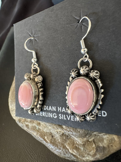 Handmade Pink Queen Conch Sterling Silver Navajo Dangle Earrings Yazzie 19535