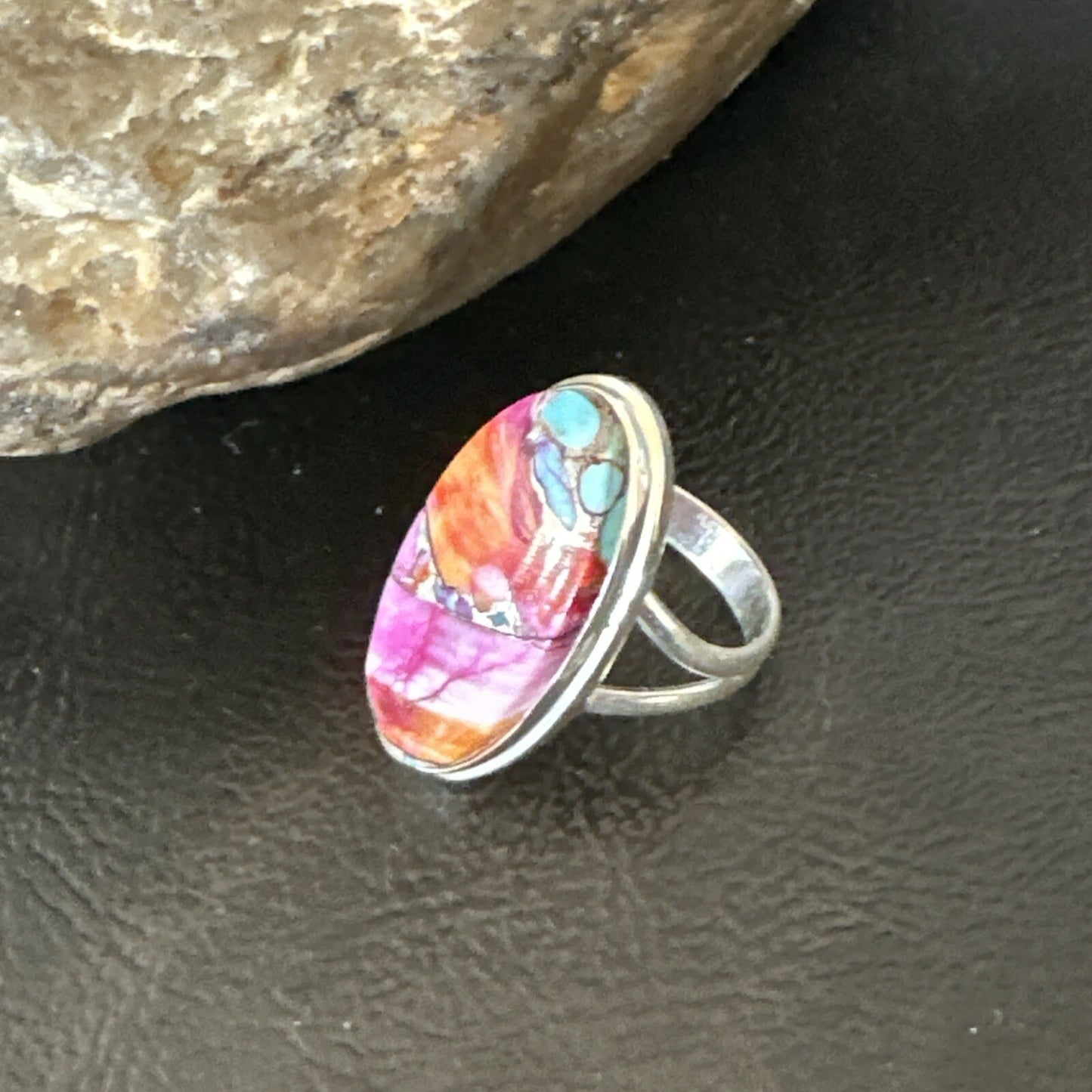 Blue Turquoise Spiny Oyster Southwestern Sterling Silver Ring Size 7 18494