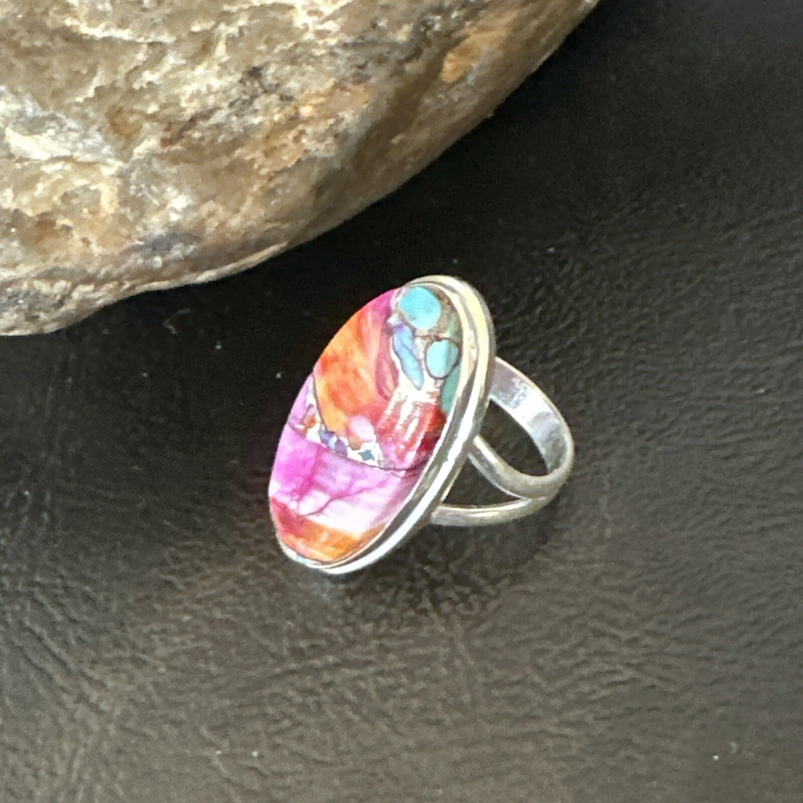 Blue Turquoise Spiny Oyster Southwestern Sterling Silver Ring Size 7 18494
