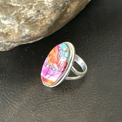 Blue Turquoise Spiny Oyster Southwestern Sterling Silver Ring Size 7 18494