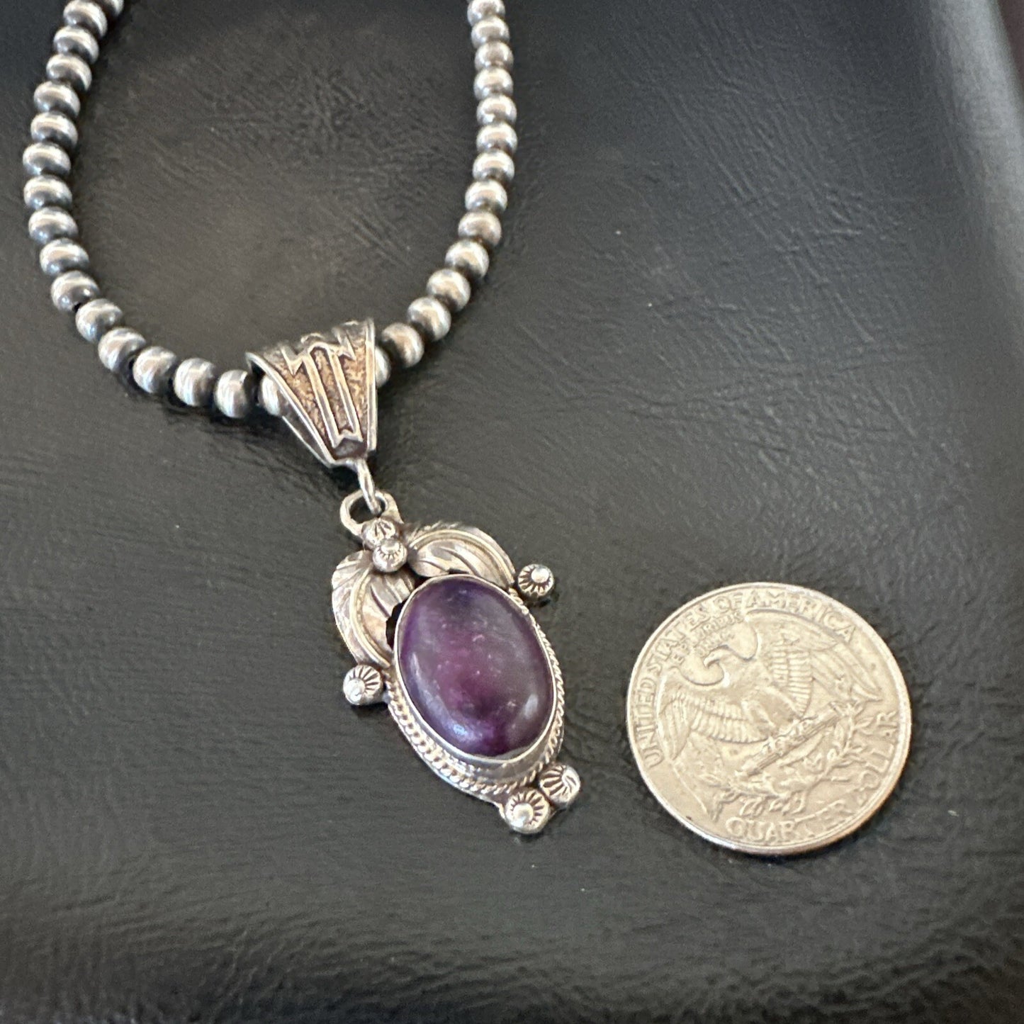 Purple Stone Pendant Navajo Pearls Sterling Silver Necklace 20” 18181