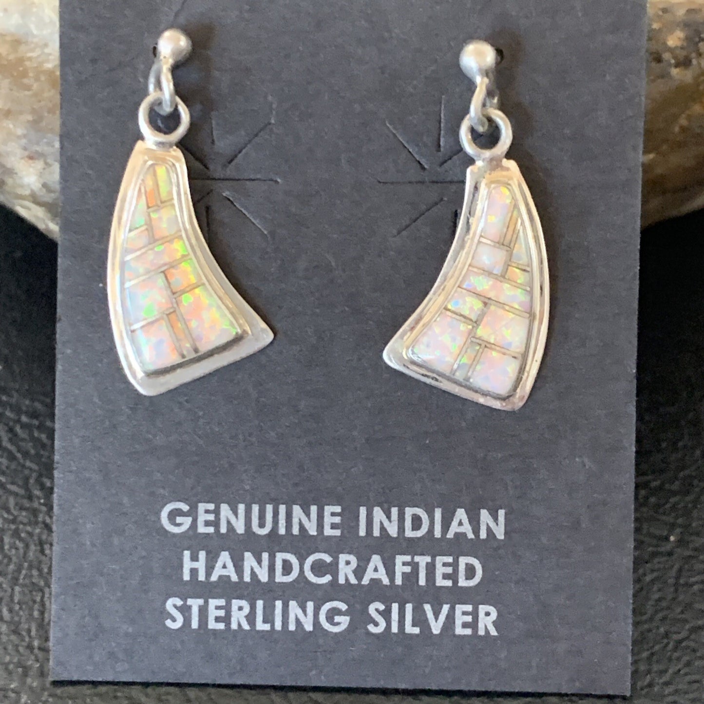 Womens White Opal Inlay Navajo Sterling Silver Dangle Post Earrings 12771