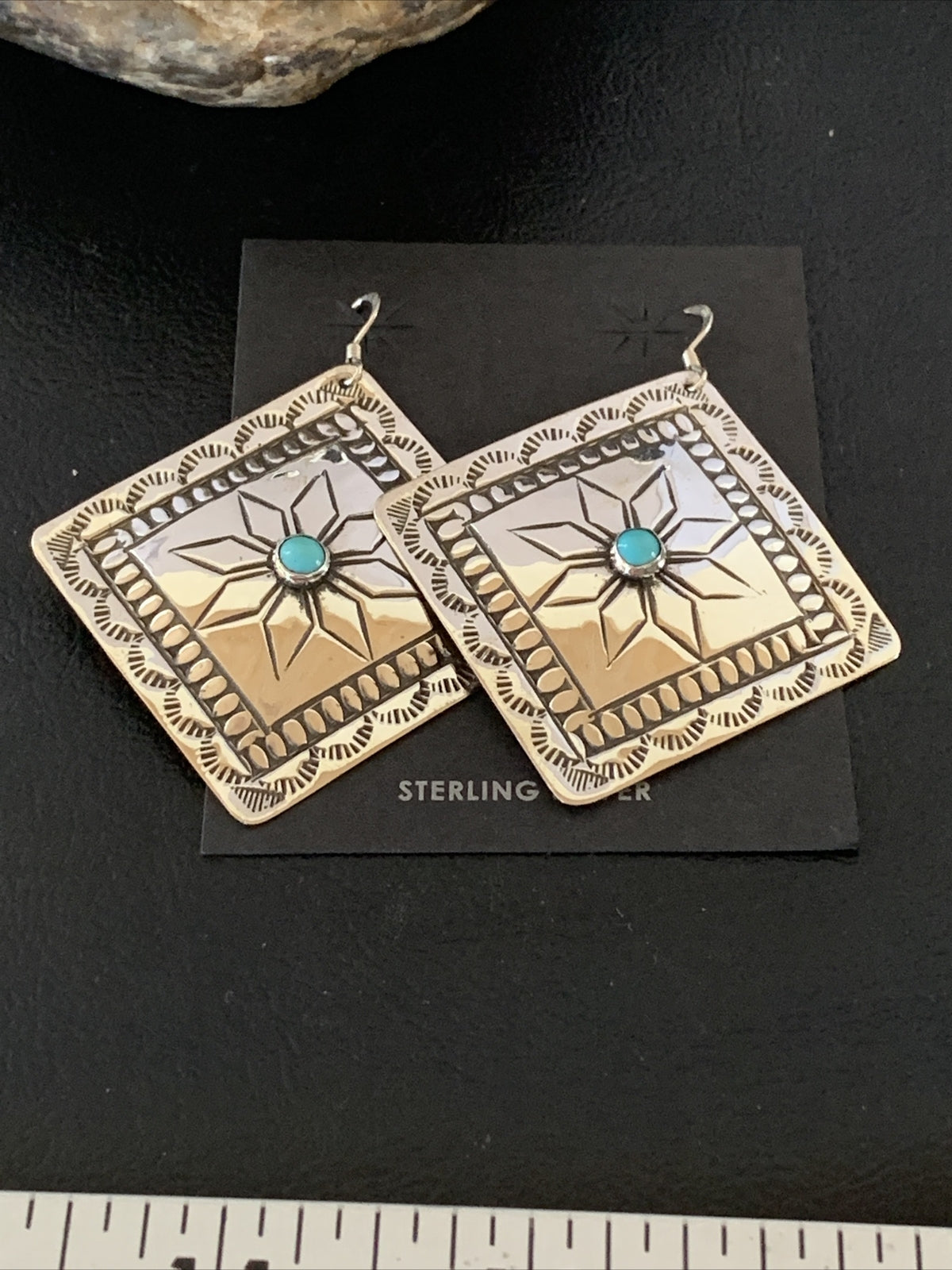 Blue Turquoise Navajo Sterling Silver Earrings 2.25" 12057