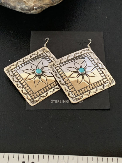 Blue Turquoise Navajo Sterling Silver Earrings 2.25" 12057