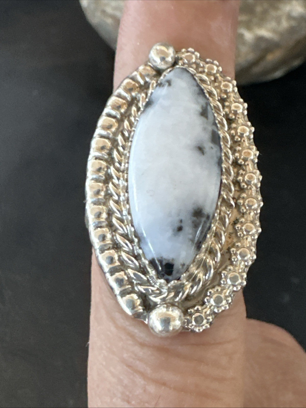 Black White Buffalo Turquoise Navajo Sterling Silver Ring Size 6.5 19804