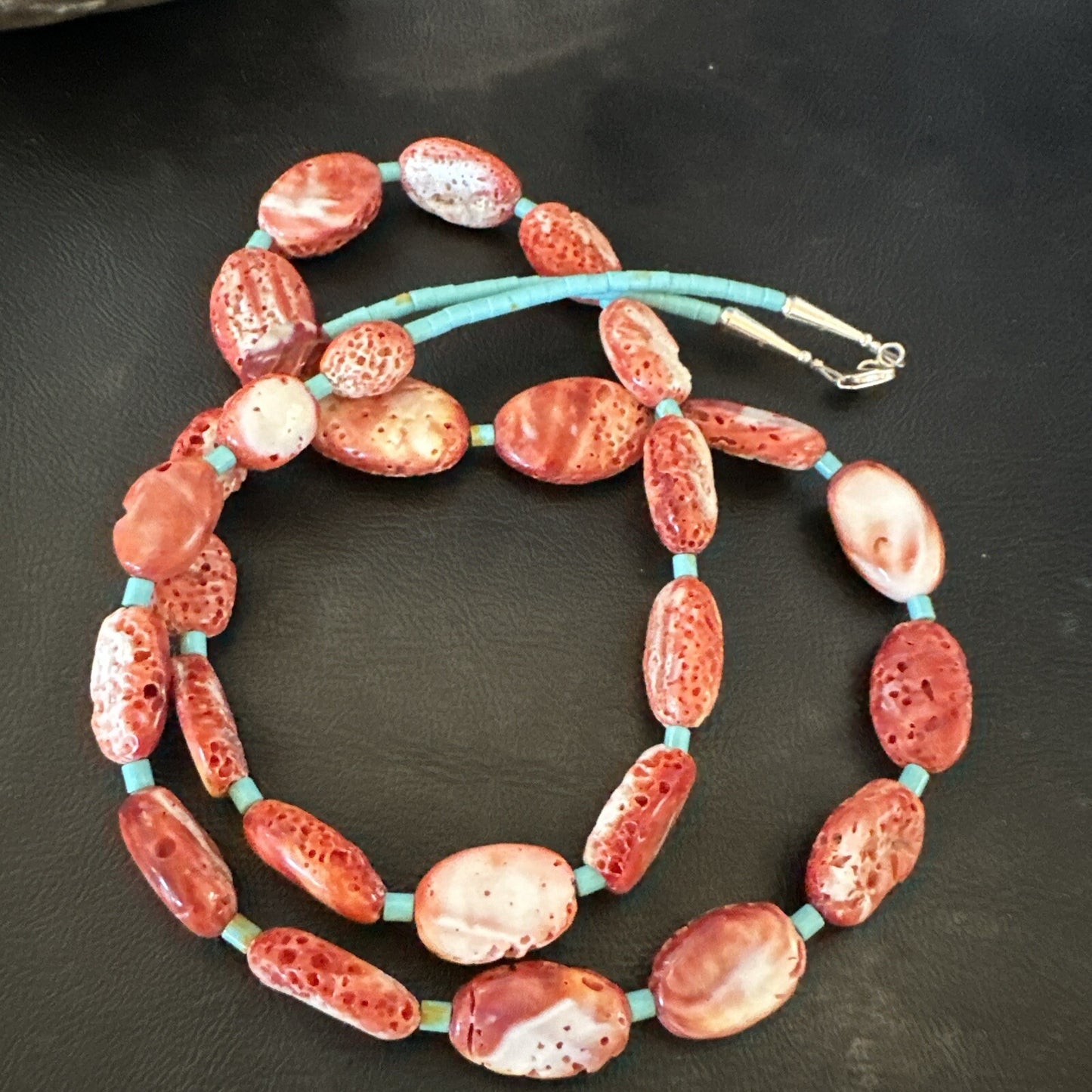 New Red Spiny Oyster Turquoise Heishi Navajo Sterling Silver Necklace 32" 17766