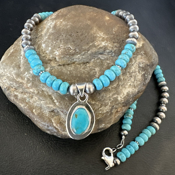 Women's Blue Kingman Turquoise Pendant Navajo Necklace 21" | Sterling Silver | Authentic Native American Handmade | 17931