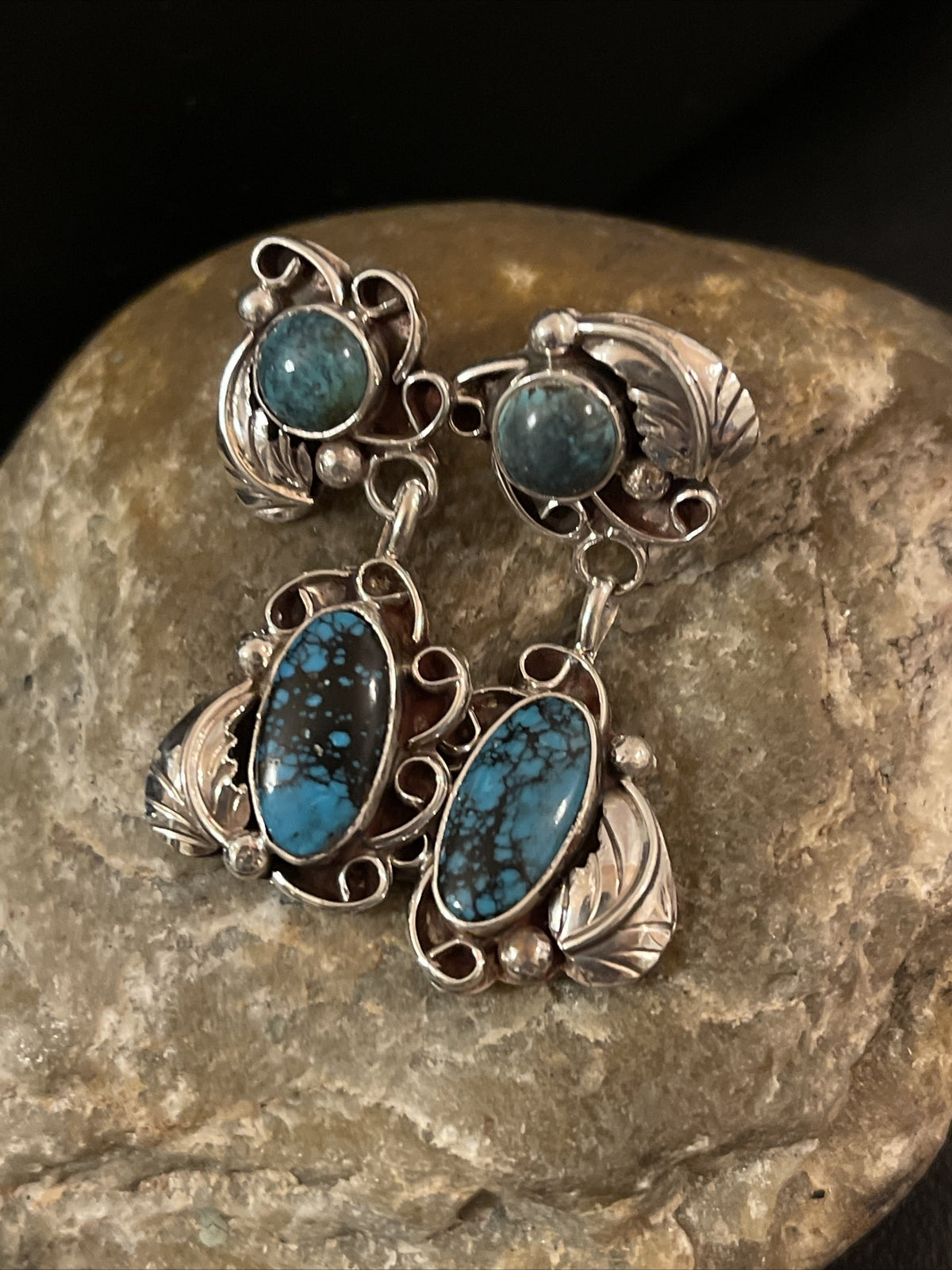 Spiderweb Turquoise Navajo Sterling Silver Post Dangle Earrings 02026
