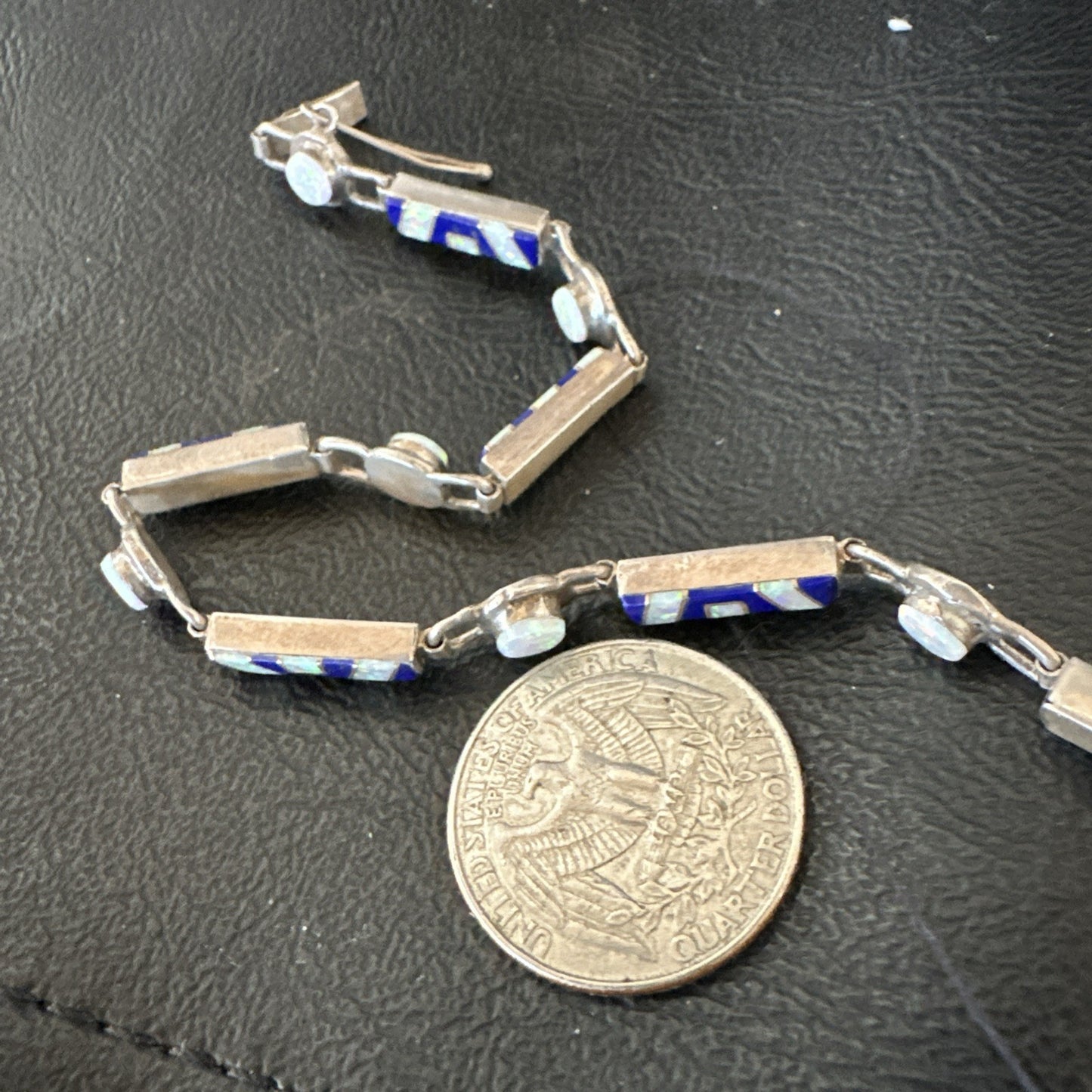 A Womens Blue Lapis Opal Sterling Silver Link Bracelet 7" 19794