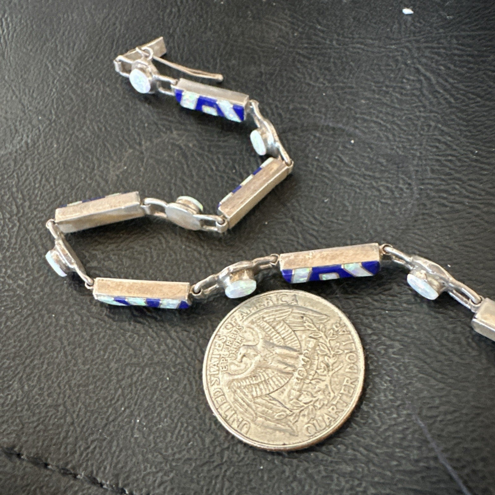 A Womens Blue Lapis Opal Sterling Silver Link Bracelet 7" 19794