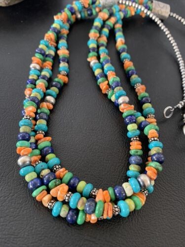 Multi-Color Green Turquoise Spiny Lapis Necklace Sterling Silver 01959