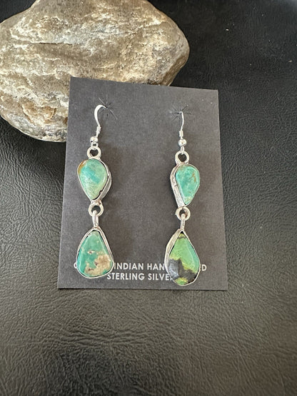 Green Royston Turquoise Navajo Sterling Silver Dangle Earrings 19370