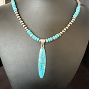 Blue Turquoise Pendant Navajo Pearls Necklace | Sterling Silver | Authentic Native American Handmade | 15425