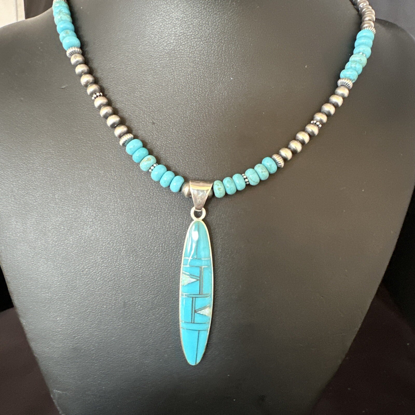 Blue Turquoise Pendant Navajo Pearls Sterling Silver Necklace 15425