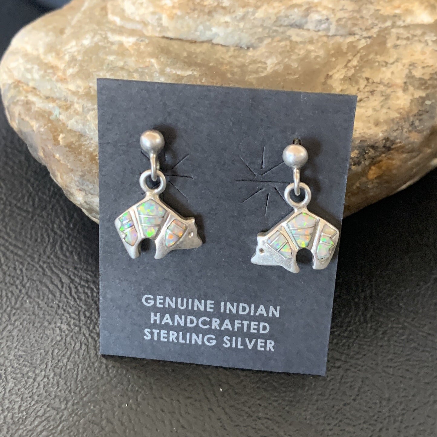 Womens White Opal Bear Inlay Navajo Sterling Silver Dangle Post Earrings 12767