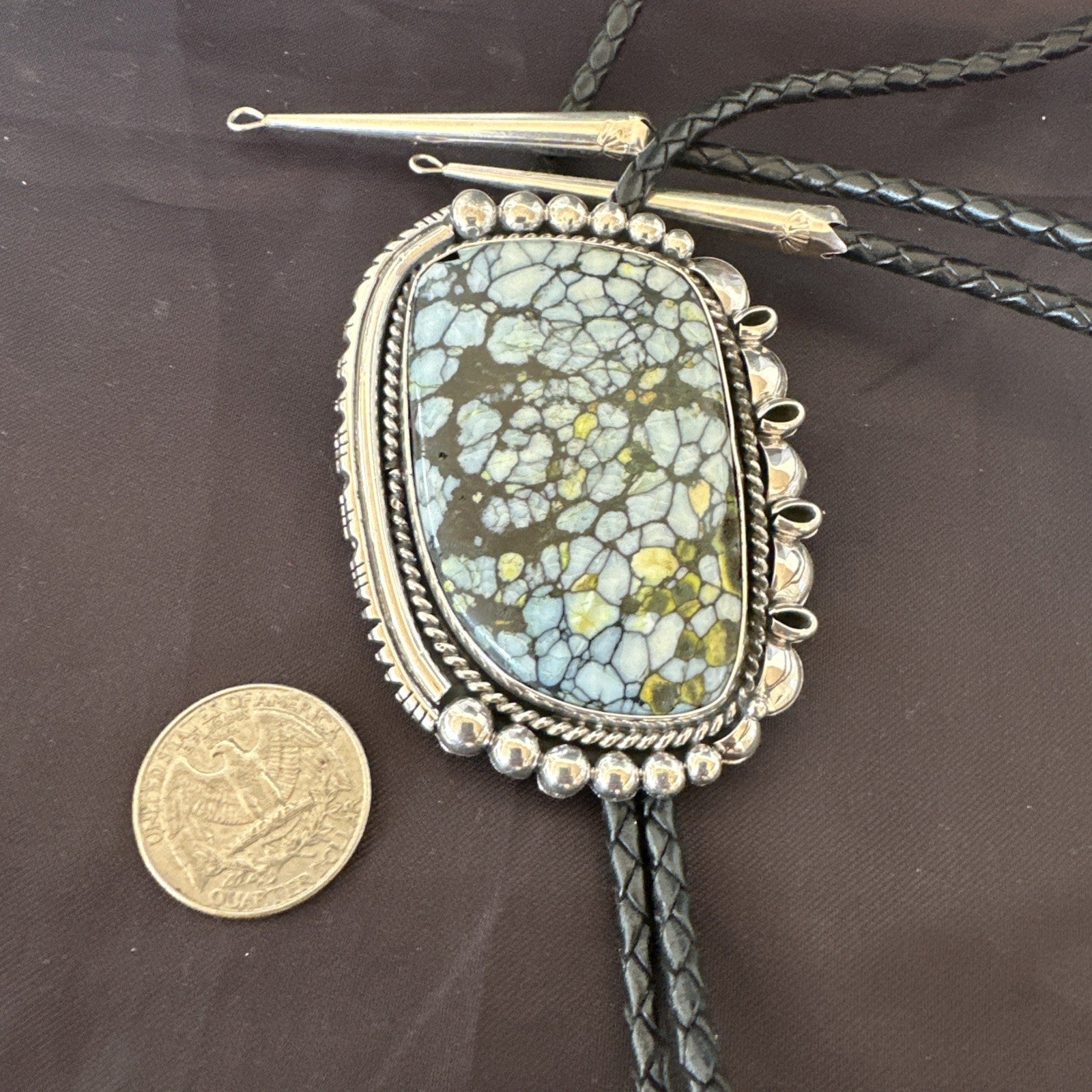 Mens BOLO TIE WHITE BUFFALO TURQUOISE Sterling Silver Navajo 2.7”19595