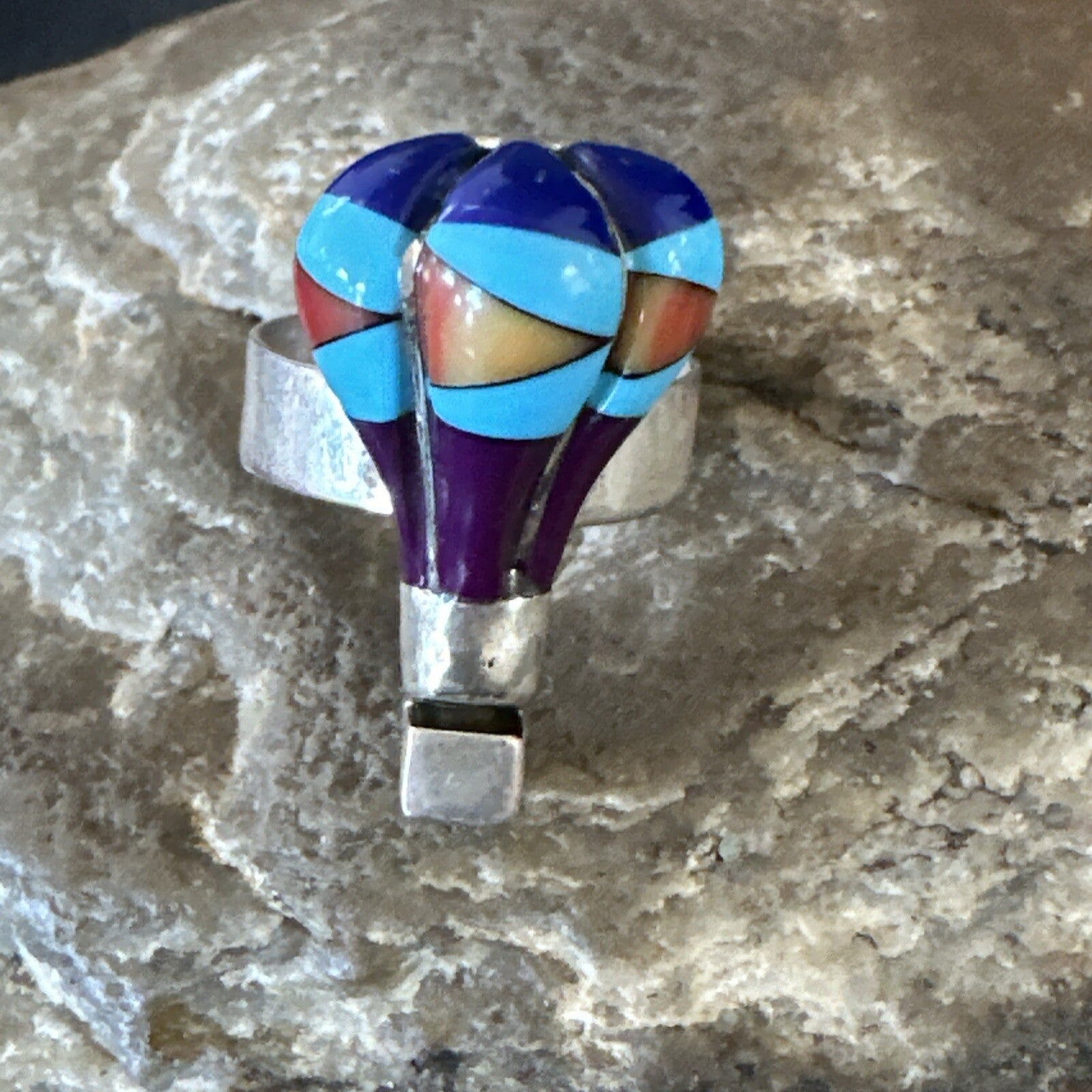 Navajo Balloon Blue Lapis Multicolor Turquoise Inlay Band Ring Sz 7 18190