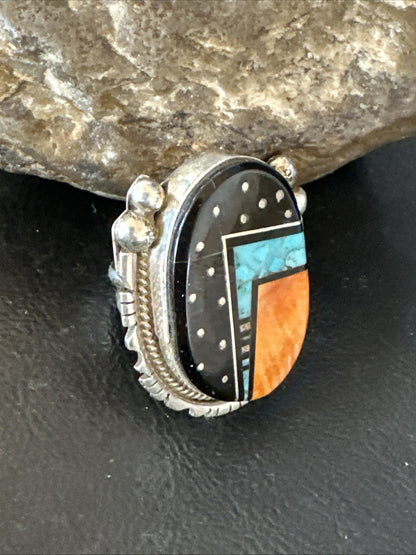 Onyx Turquoise Spiny Navajo Cosmic Inlay Sterling Silver Ring Size 9 19788