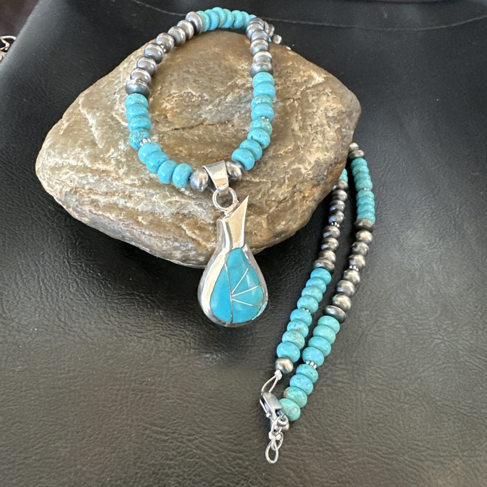 Pottery Blue Kingman Turquoise Pendant Navajo Sterling Silver Necklace 21" 18378