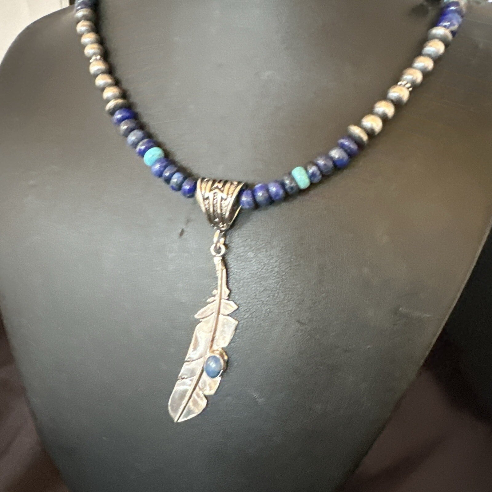 Blue Turquoise Lapis Feather Pendant Navajo Sterling Silver Necklace 21” 17790