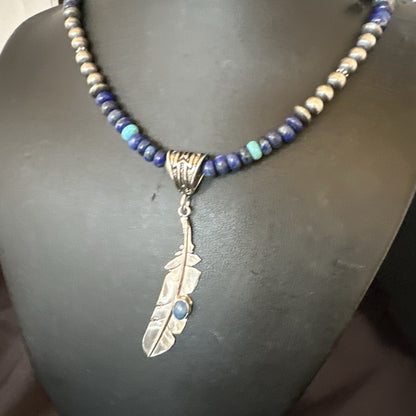 Blue Turquoise Lapis Feather Pendant Navajo Sterling Silver Necklace 21” 17790