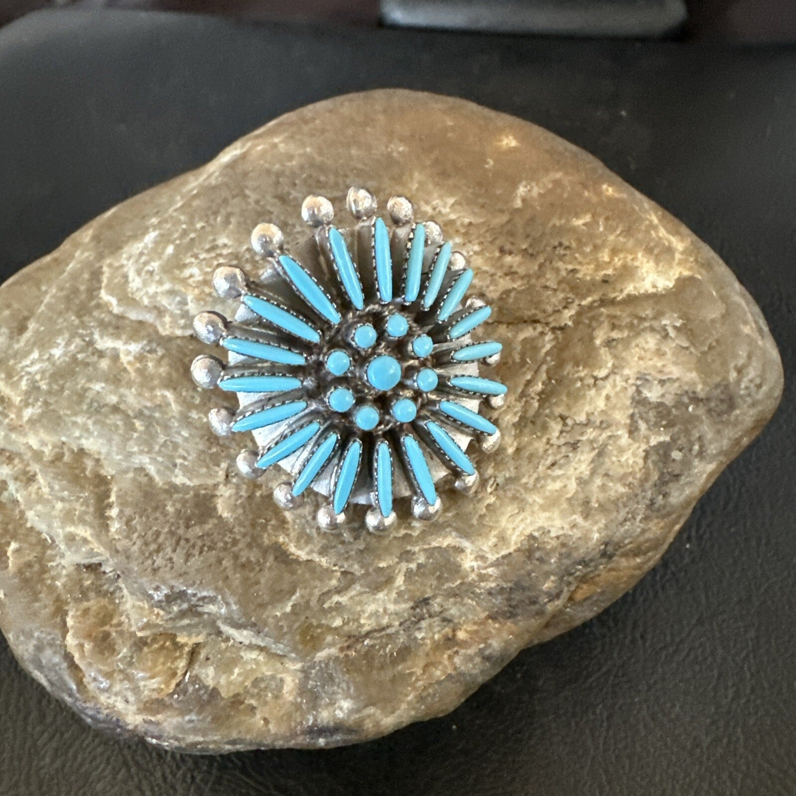 Blue Turquoise Zuni Sterling Silver Needle Point Cluster Ring Size 8 17843