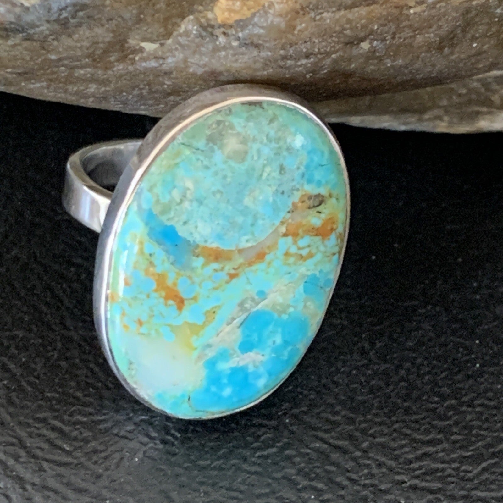 Blue Kingman Turquoise Oval Navajo Sterling Silver Ring Size 8 Adjustable 12800