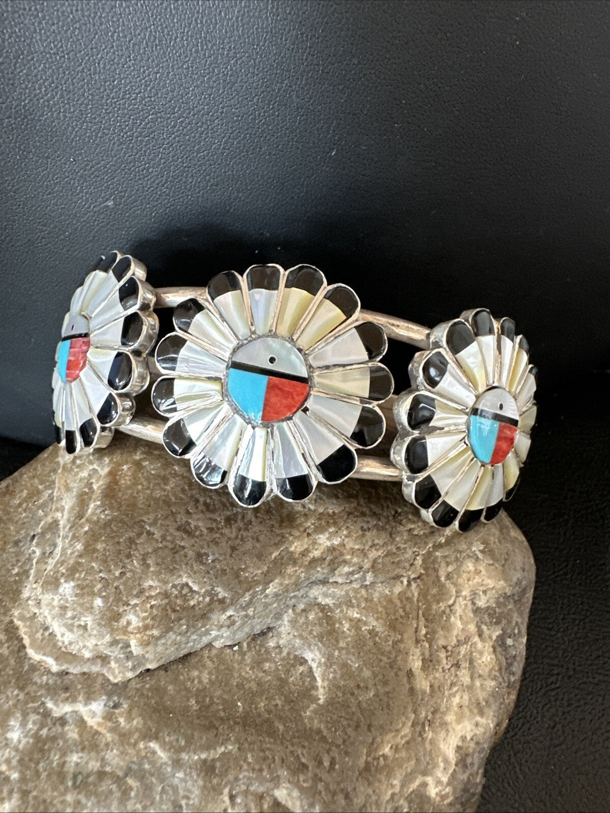 Blue Turquoise Coral MOP Zuni Sterling Silver Inlay Sunface Cuff Bracelet 18872