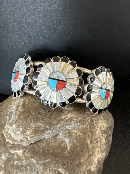 Blue Turquoise Coral MOP Zuni Sterling Silver Inlay Sunface Cuff Bracelet 18872
