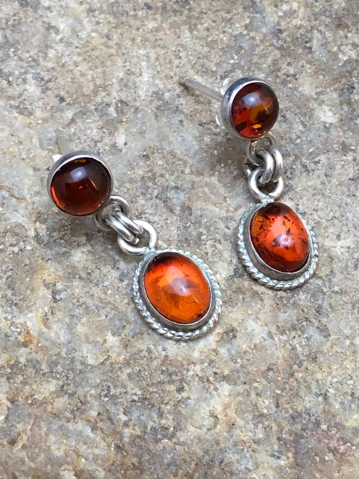 Native American Navajo Sterling Silver Gold Amber Dangle Earrings 13104