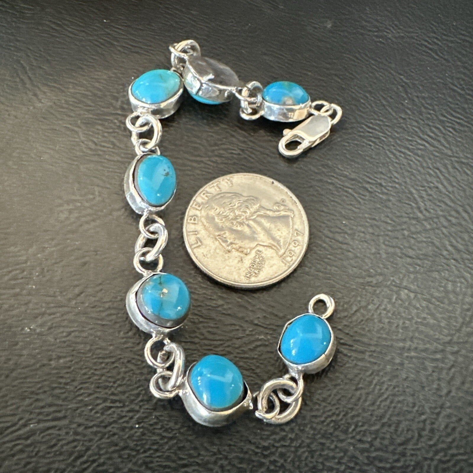 Blue Kingman Turquoise Navajo Sterling Silver Link Bracelet 7” 18299