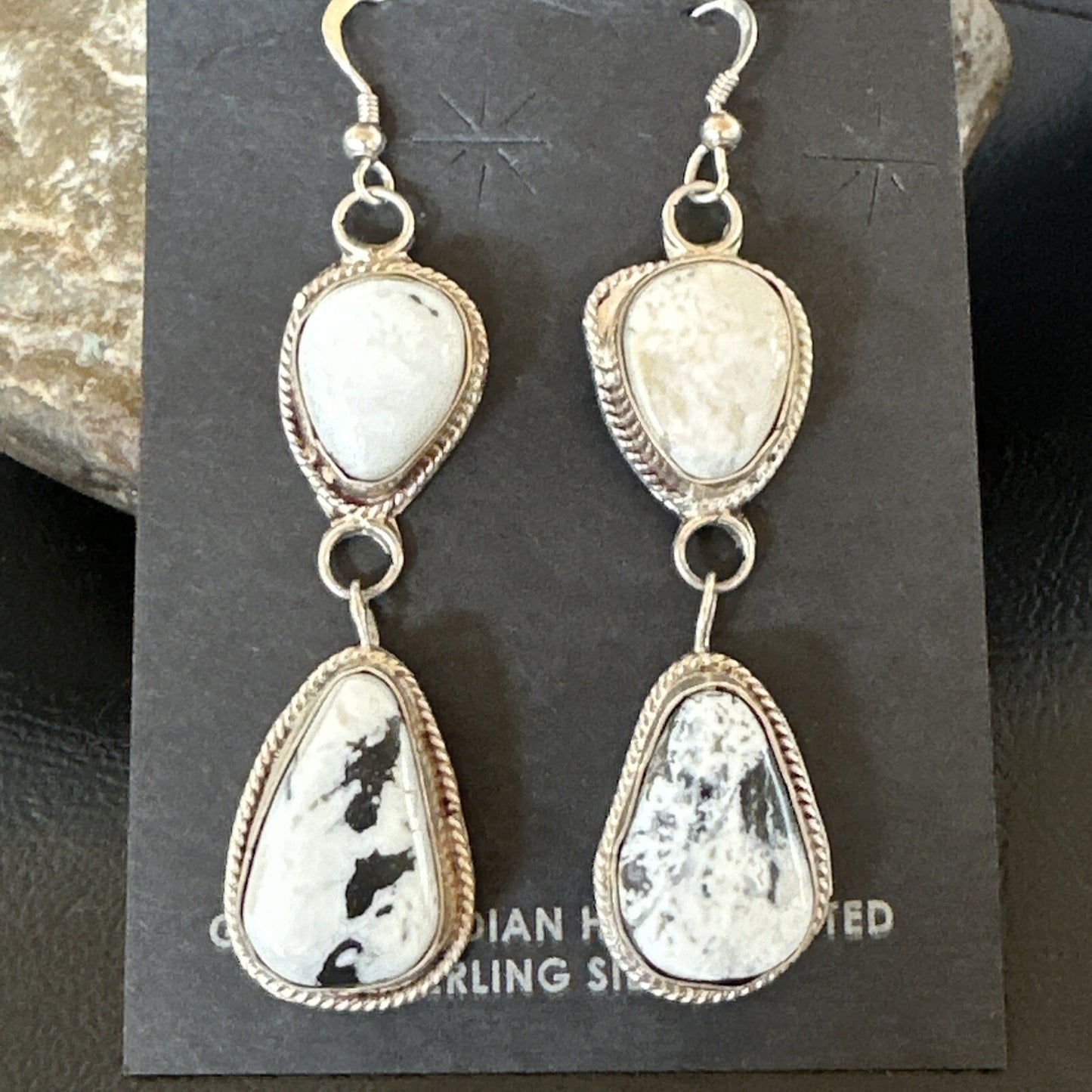 Womens White Buffalo Turquoise Navajo Sterling Silver Dangle Earrings 2” 17962