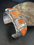 Orange Spiny Oyster 5 Stone Row Navajo Cuff Bracelet 7.7" | Sterling Silver | Authentic Native American Handmade | 19477