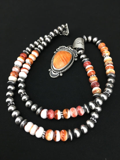 Orange Spiny Oyster Pendant Sterling Silver Beads Necklace 22" 01241