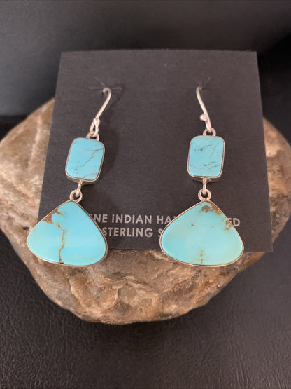 Blue Kingman Turquoise Navajo Sterling Silver Dangle Earrings 1.5" 14076
