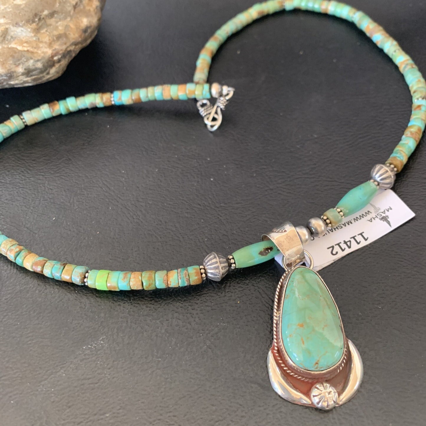 Green Turquoise Pendant Navajo Pearls Sterling Silver Necklace 11412