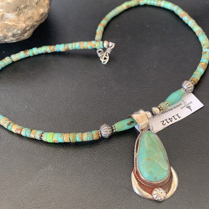Green Turquoise Pendant Navajo Pearls Sterling Silver Necklace 11412