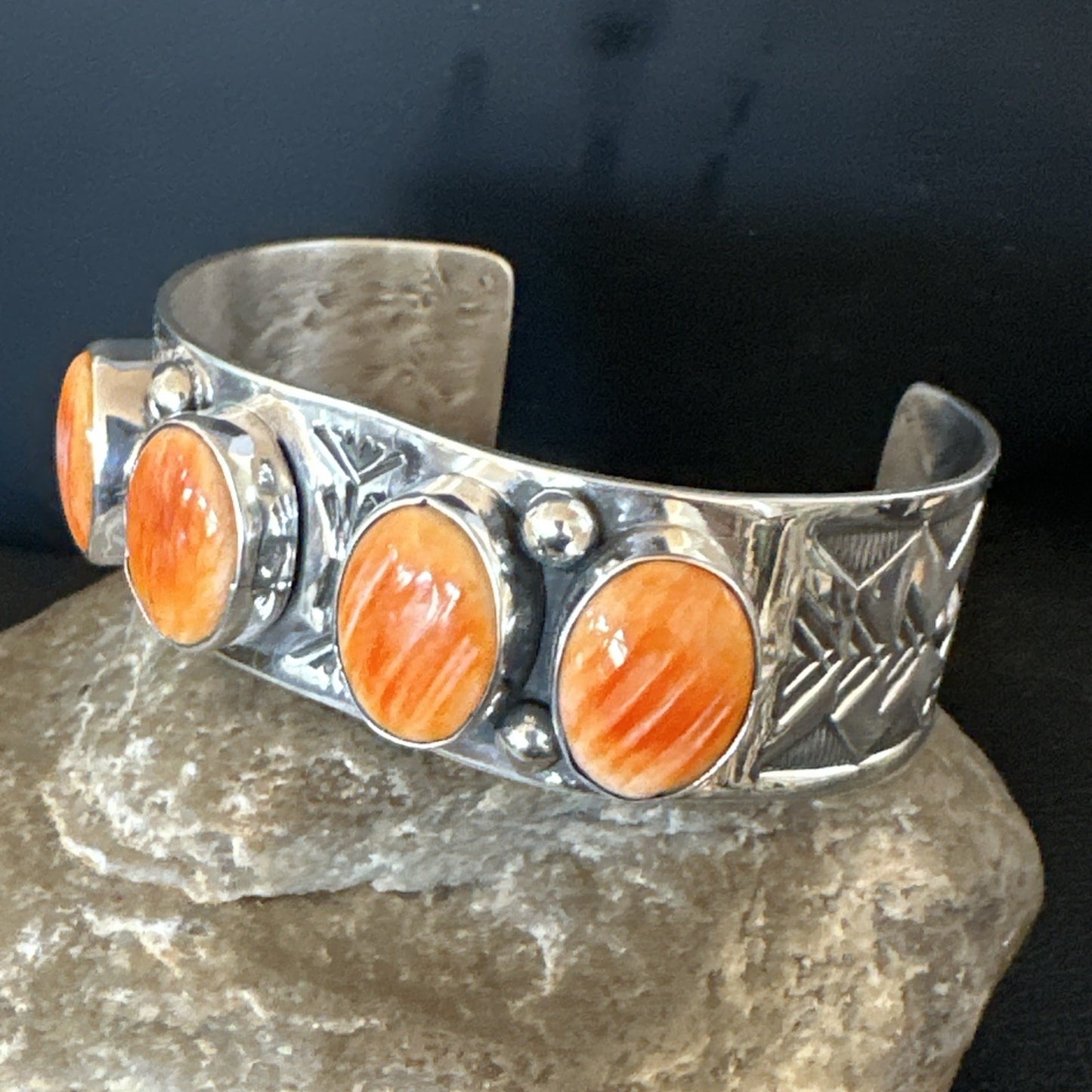 Orange Spiny Oyster 4 Stone Row Sterling Silver Navajo Cuff Bracelet 7.7" 19476