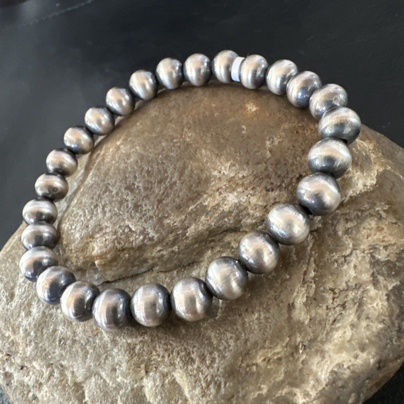 Native American 7mm Beads 8” Sterling Silver Stretch Beads Bracelet 90703